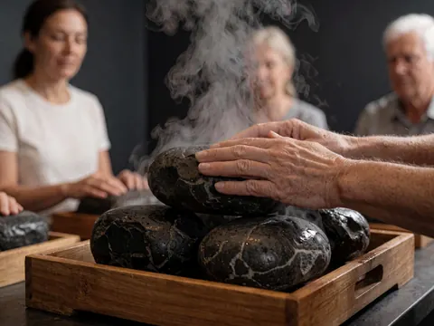 Hands placing steaming hot volcanic stones on a wooden tray in a massage therapy setting