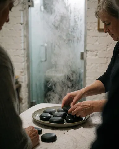 Hands depositing steaming hot stones onto a ceramic dish, with steam rising and a white brick wall in the background.