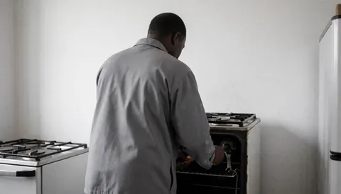 Technician repairing a stove with a wrench in a kitchen with white walls and an open stove.