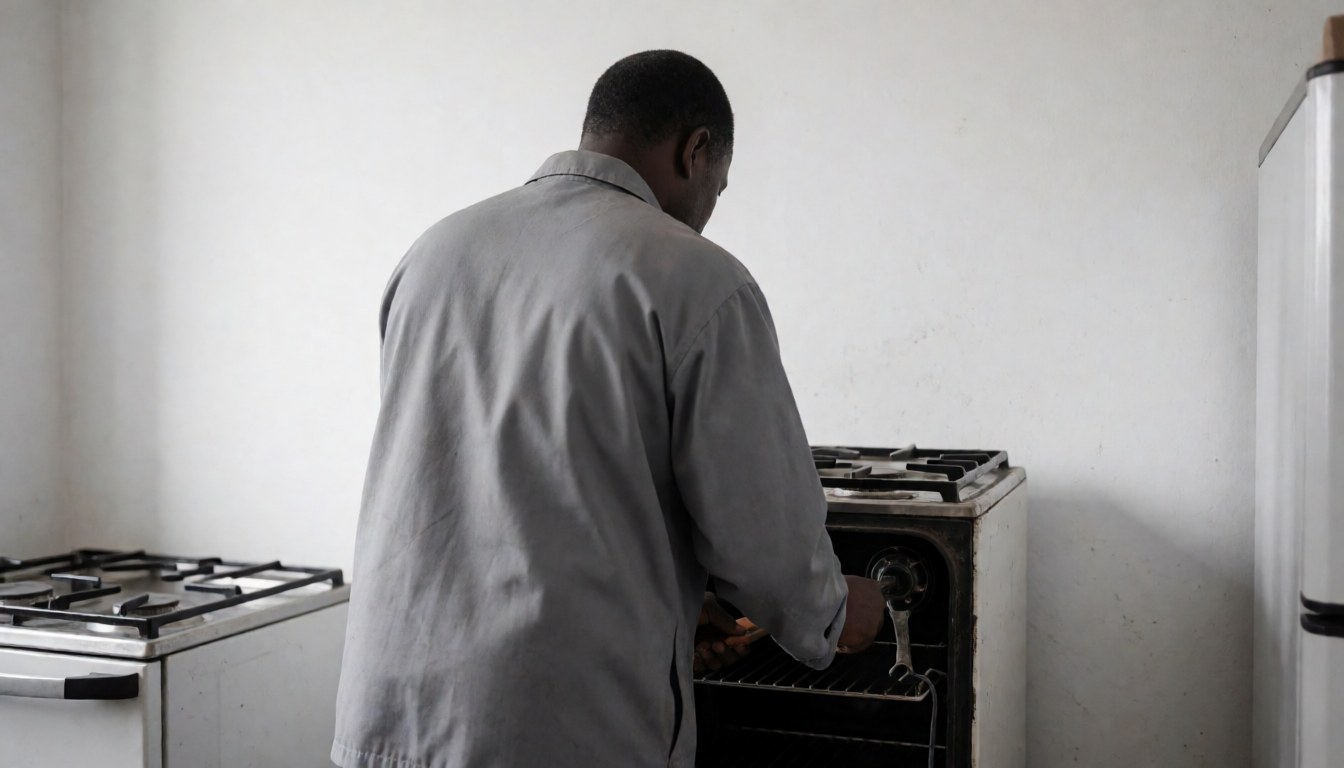 Technician repairing a stove with a wrench in a kitchen with white walls and an open stove.