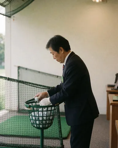 Golf course staff member placing golf balls into a green basket with safety net and mats in background