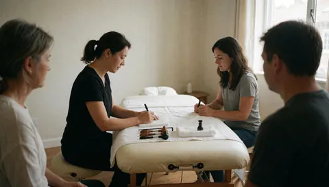 Two reflexologists writing on a table with tools while two clients rest in a neutral room with natural light.