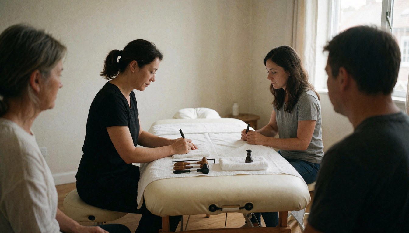Two reflexologists writing on a table with tools while two clients rest in a neutral room with natural light.