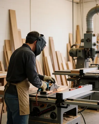 Carpenter wearing a welding helmet while cutting wood in a workshop with machinery and wooden planks in the background