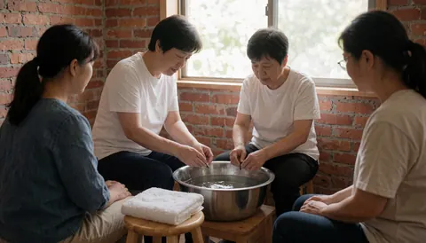 A woman with her foot in a tub of water while three other women observe the reflexology service in a room with brick walls and natural light.