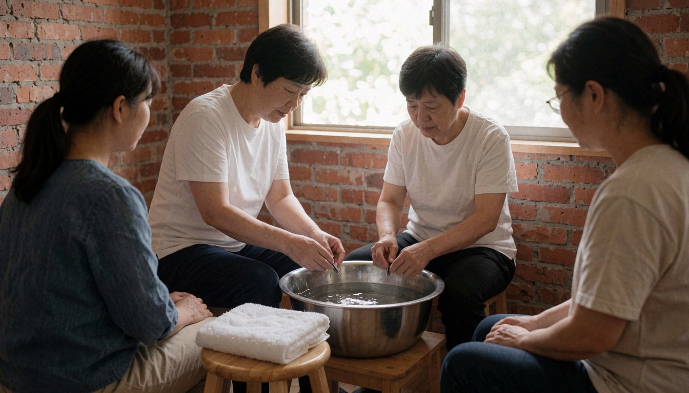 A woman with her foot in a tub of water while three other women observe the reflexology service in a room with brick walls and natural light.