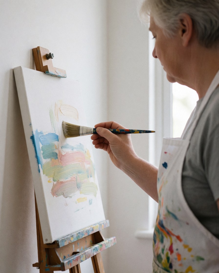 A woman paints on a canvas with a brush, natural light and white wall, art studio scene.