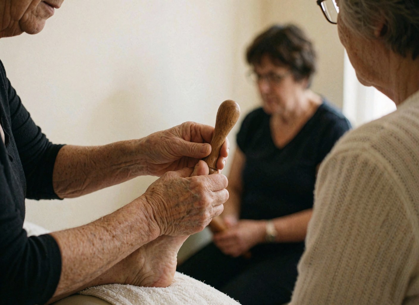 Therapist hands applying pressure with a polished wooden stick to a client's foot in a serene clinical setting with warm white walls