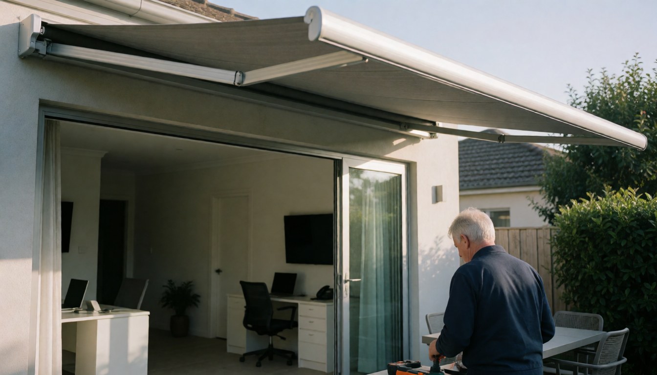 A professional installer is setting up an awning on a patio, using tools with soft lighting and space for text, ideal for awning business marketing.