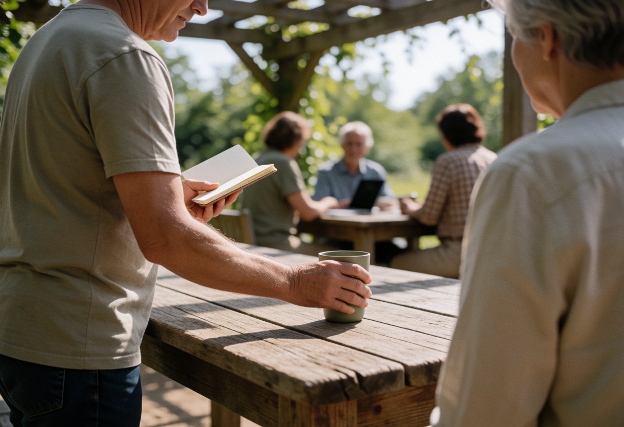 A man sets a cup on a rustic wooden table in an ecological park with natural light, illustrating service in action.