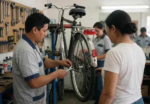 Bicycle mechanic installing a rear rack on a bike in a workshop with tools and a customer watching the repair service.