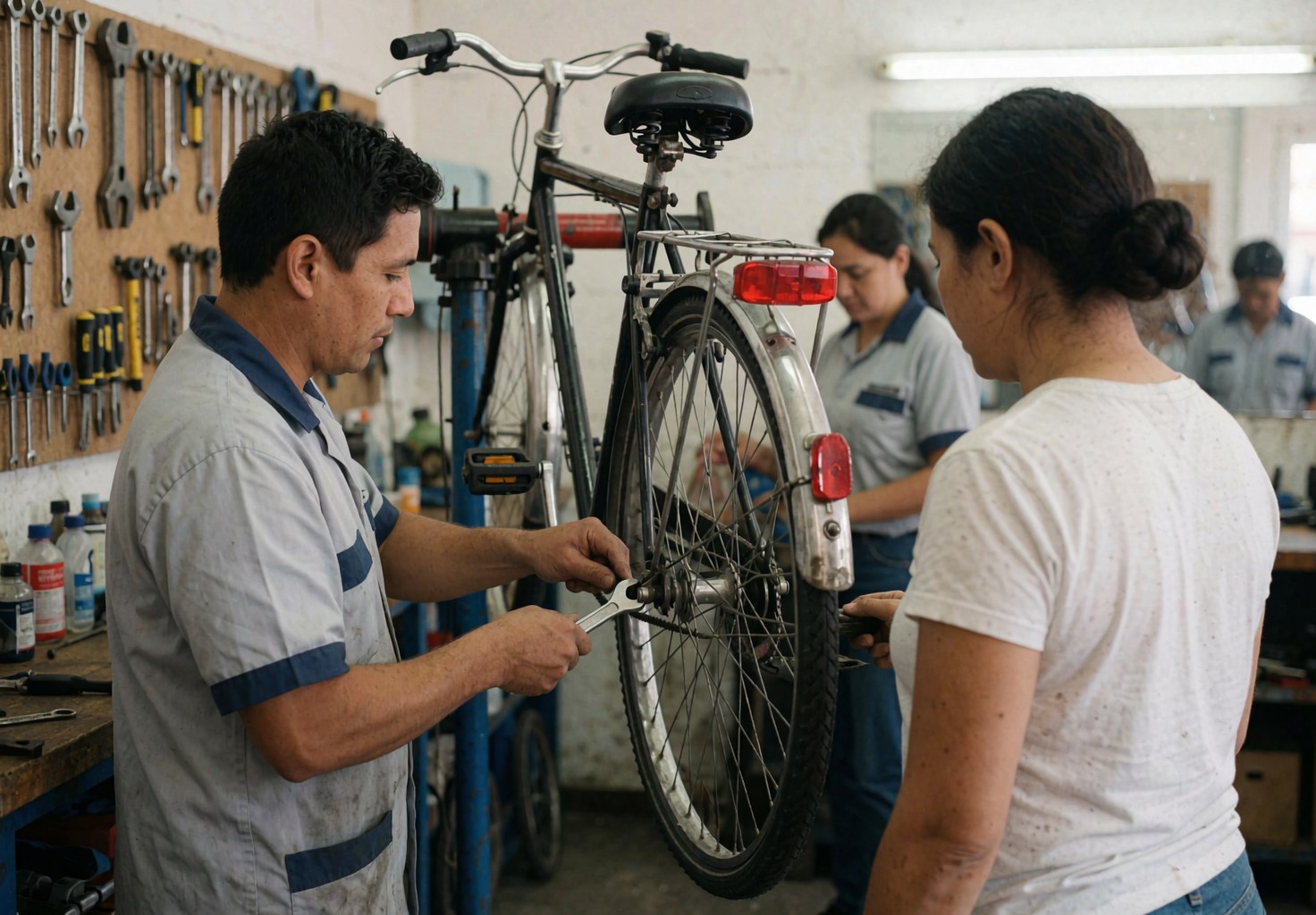 Bicycle mechanic installing a rear rack on a bike in a workshop with tools and a customer watching the repair service.