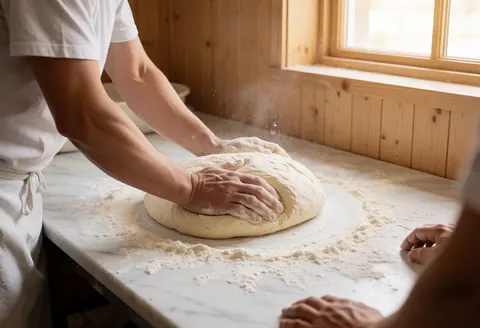 Hands kneading dough on a marble table in a bakery with wooden walls and natural light