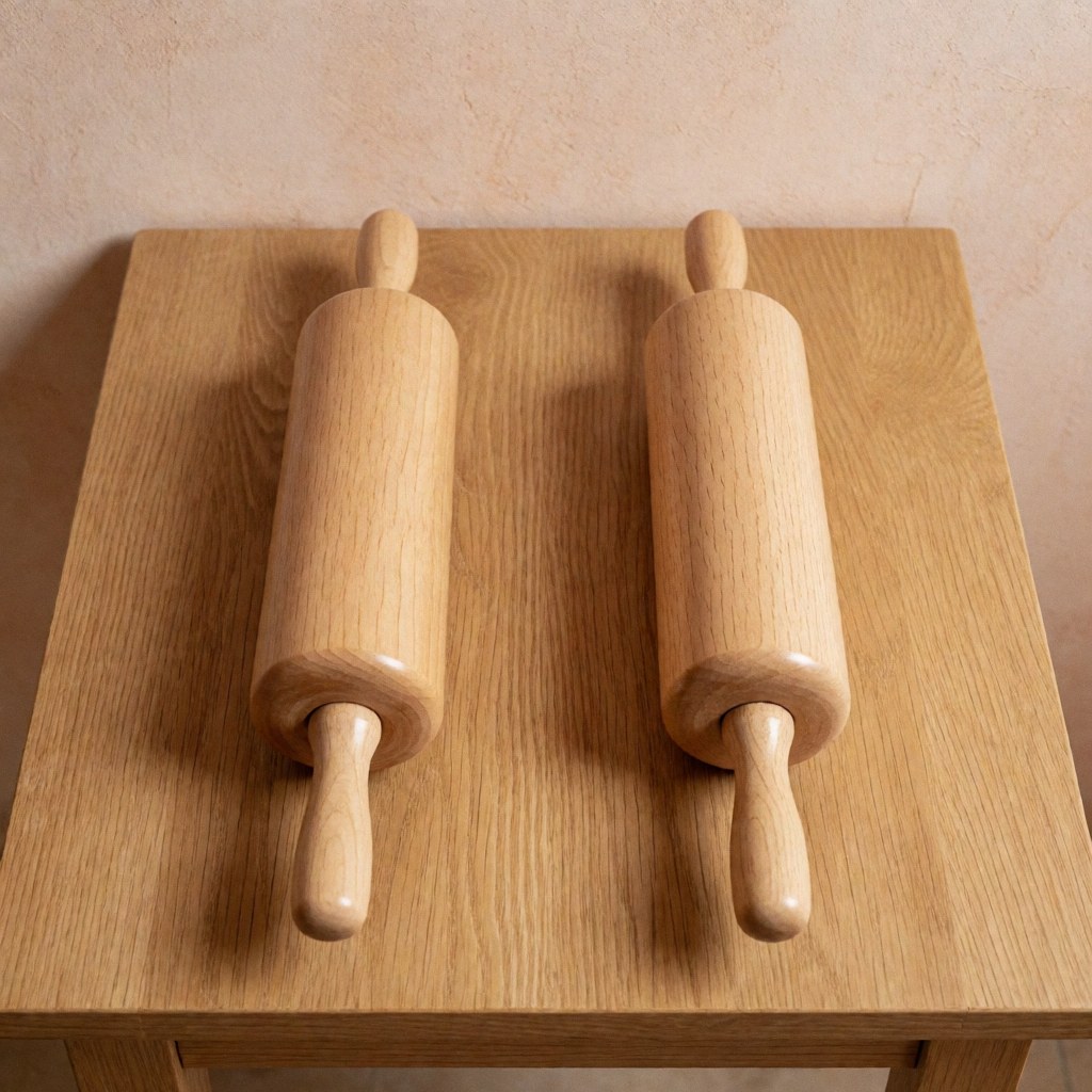 Two polished wooden rolling pins resting on a light wood table with a terracotta plaster wall, ideal for bakery and pastry product photography