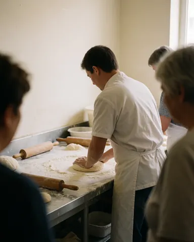 Baker kneading dough on a stainless steel table with rolling pins and flour in a bakery with white walls and natural light