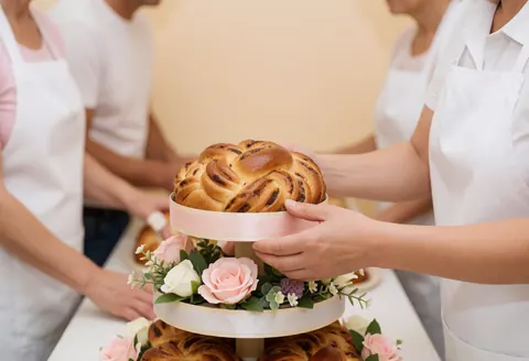 Decorated fruit bread with flowers and ribbons on a two-tier stand, presented by hands wearing aprons.