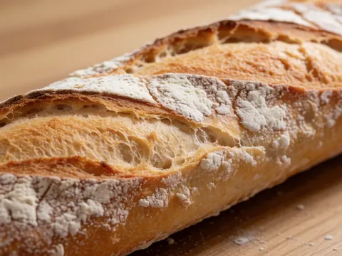 A freshly baked baguette dusted with flour resting on a wooden surface, ideal for bakery and pastry product displays.