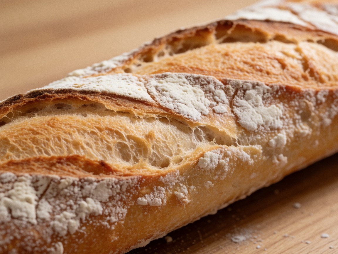 A freshly baked baguette dusted with flour resting on a wooden surface, ideal for bakery and pastry product displays.