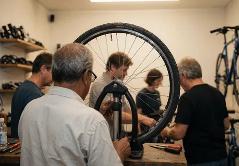 Bicycle mechanics working on wheel repair in a workshop with visible wheels and tools.