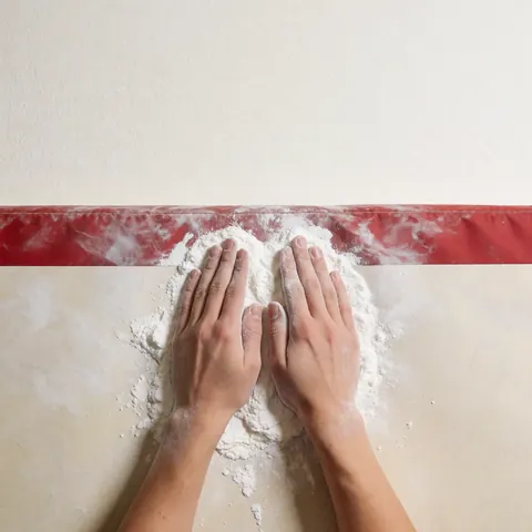 Close-up of hands kneading dough on a white work surface with a red stripe in a professional bakery setting