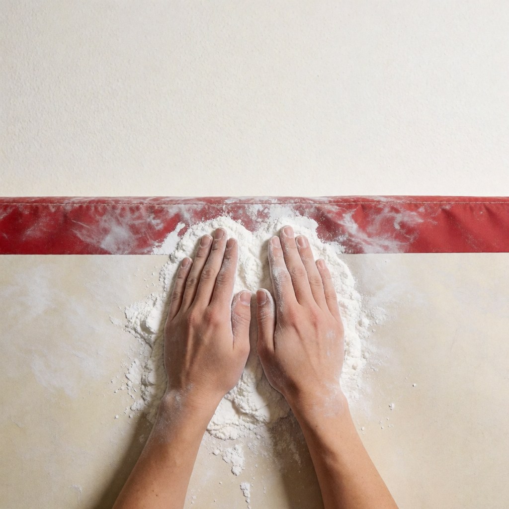 Close-up of hands kneading dough on a white work surface with a red stripe in a professional bakery setting