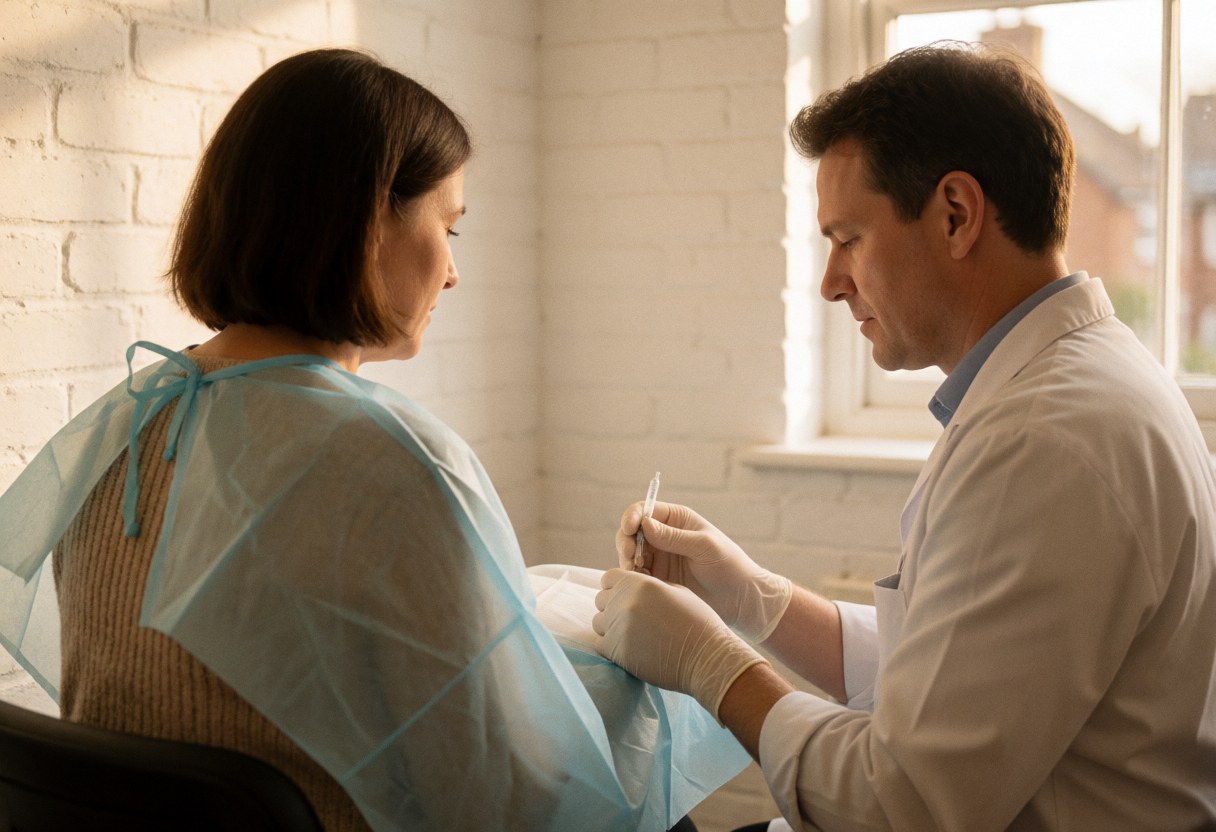 Medical technician wearing gloves prepares a sterile drape for a client in a clinic with white brick walls and natural light.