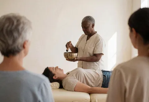 A practitioner lies on a bed in a serene room with cream walls, bathed in warm natural light during a healing session.