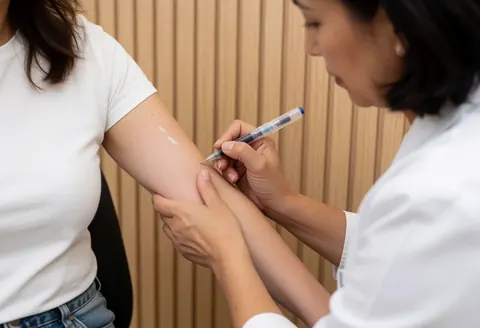 Healthcare worker uses medical marker to mark a patient's arm in a clinic with light wood panel walls