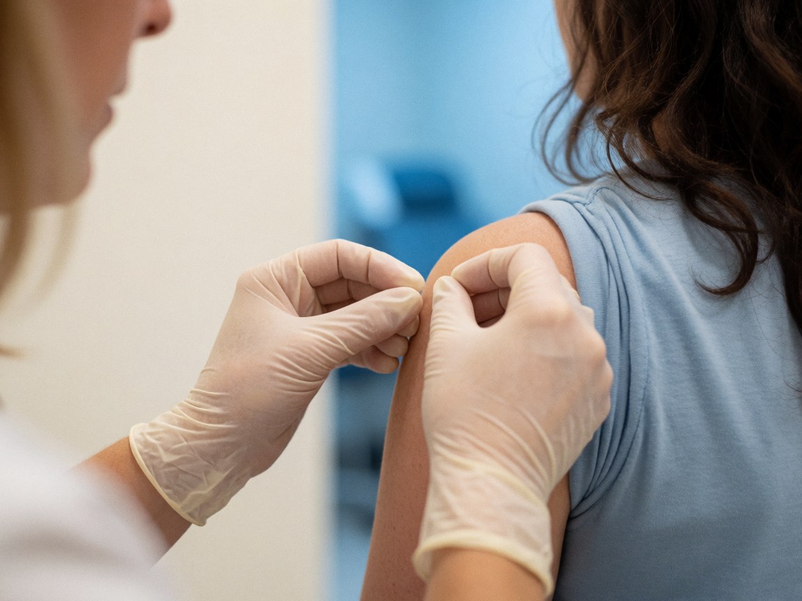 Healthcare professional wearing gloves administering a medical injection to a patient's arm in a clinic with blue and white walls.