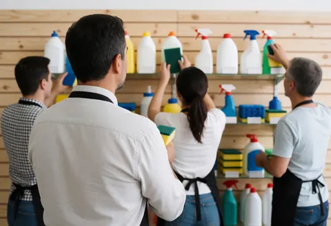 Workers inspecting cleaning products on a wooden shelf, demonstrating cleaning service in action.