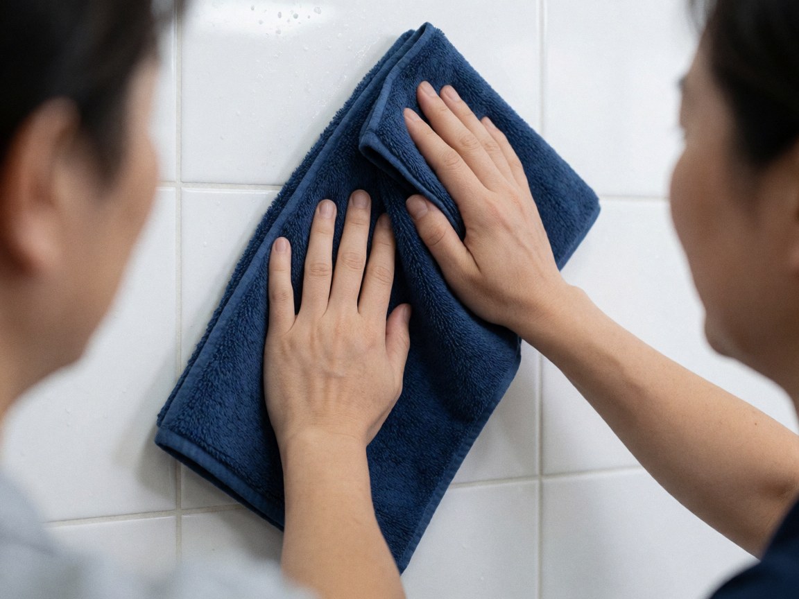 Close-up of hands using a blue microfiber towel to clean a white tiled wall during professional cleaning service