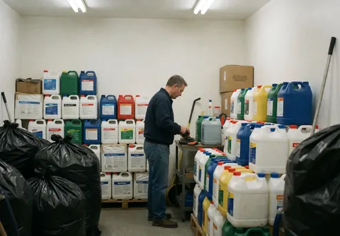 A man works with a tool in a cleaning supply warehouse surrounded by bottles and trash bags under fluorescent lights.