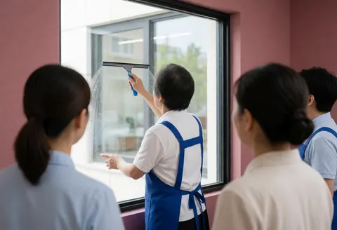 A worker in a blue apral uses a squeegee to clean a large office window, reflecting the interior workspace.