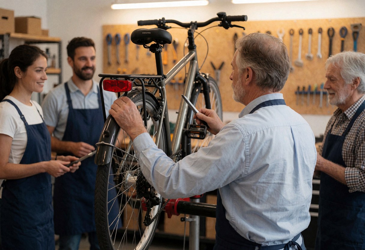Bicycle mechanic adjusting a rear rack in a workshop with tools on the wall and other workers observing the service.