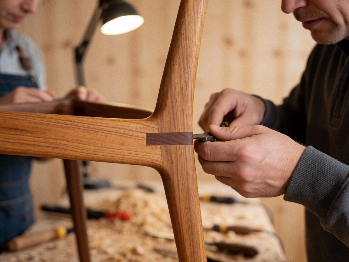 Close-up of carpenter hands fitting a mortise and tenon joint in walnut and willow wood, with work light and sawdust in a workshop.