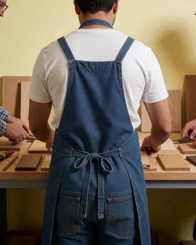Carpenter wearing a blue apron organizes wood samples on a worktable in a workshop with cream walls