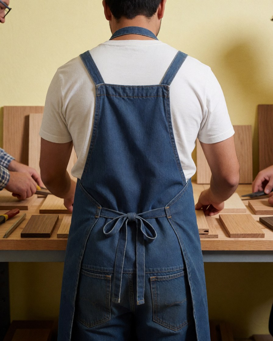 Carpenter wearing a blue apron organizes wood samples on a worktable in a workshop with cream walls