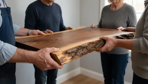 Hands holding a polished wood slab with natural bark edge in a workshop setting.