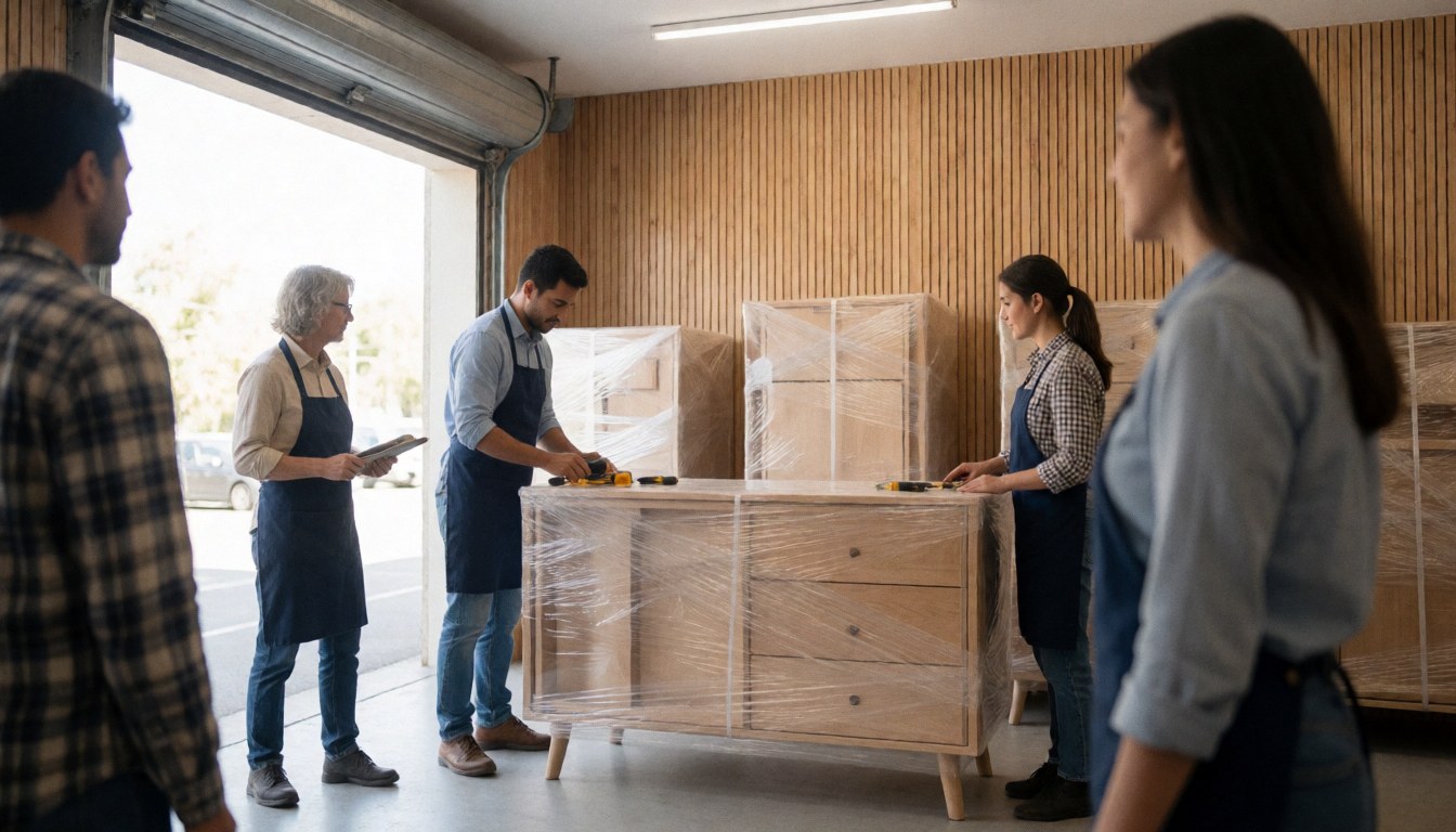 Workers wrapping wooden furniture in a factory with wooden walls, ready for delivery.