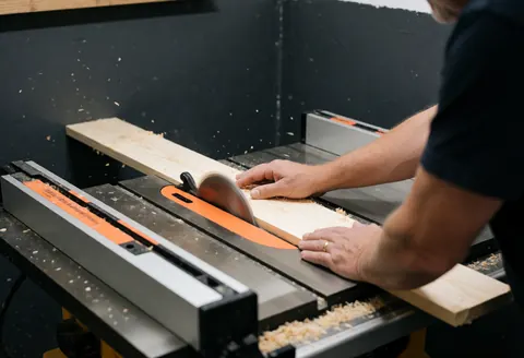 Carpenter's hands guiding a pine board over a circular saw blade with wood shavings flying in a workshop setting