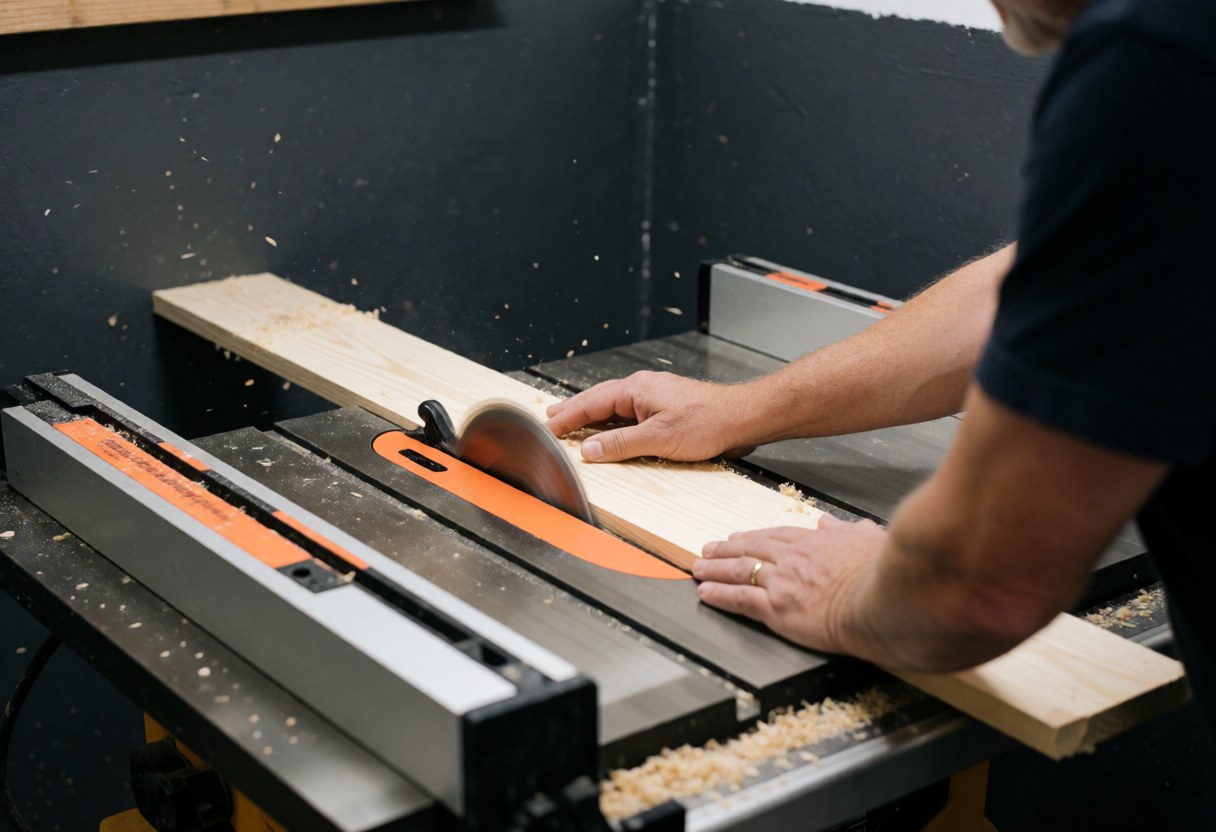 Carpenter's hands guiding a pine board over a circular saw blade with wood shavings flying in a workshop setting