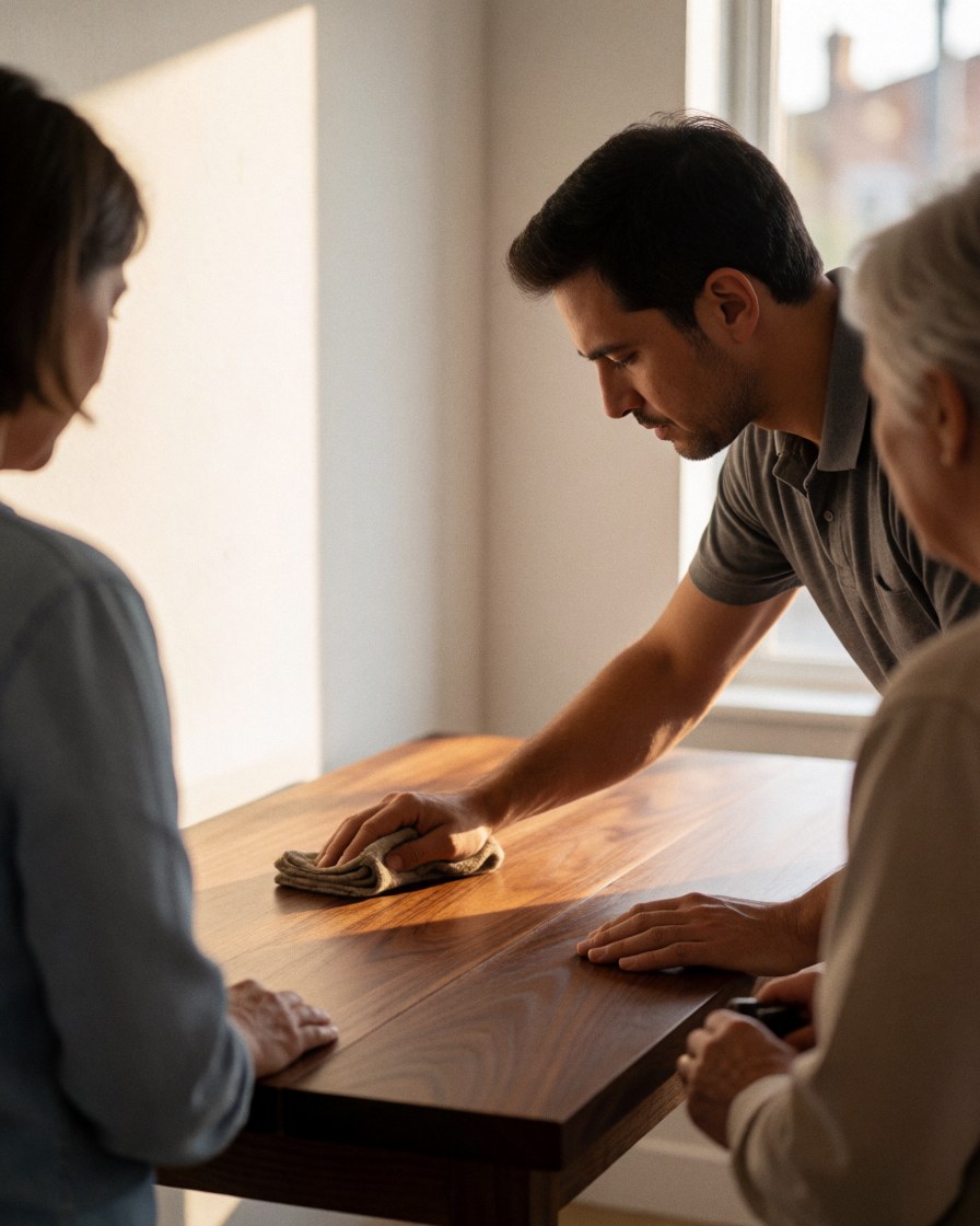 A man uses a cloth to polish a wooden table while two people observe in a bright workshop with white walls.