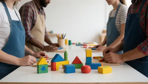 Hands painting wooden blocks in a workshop with white walls and bright daylight, ideal for a toy store.