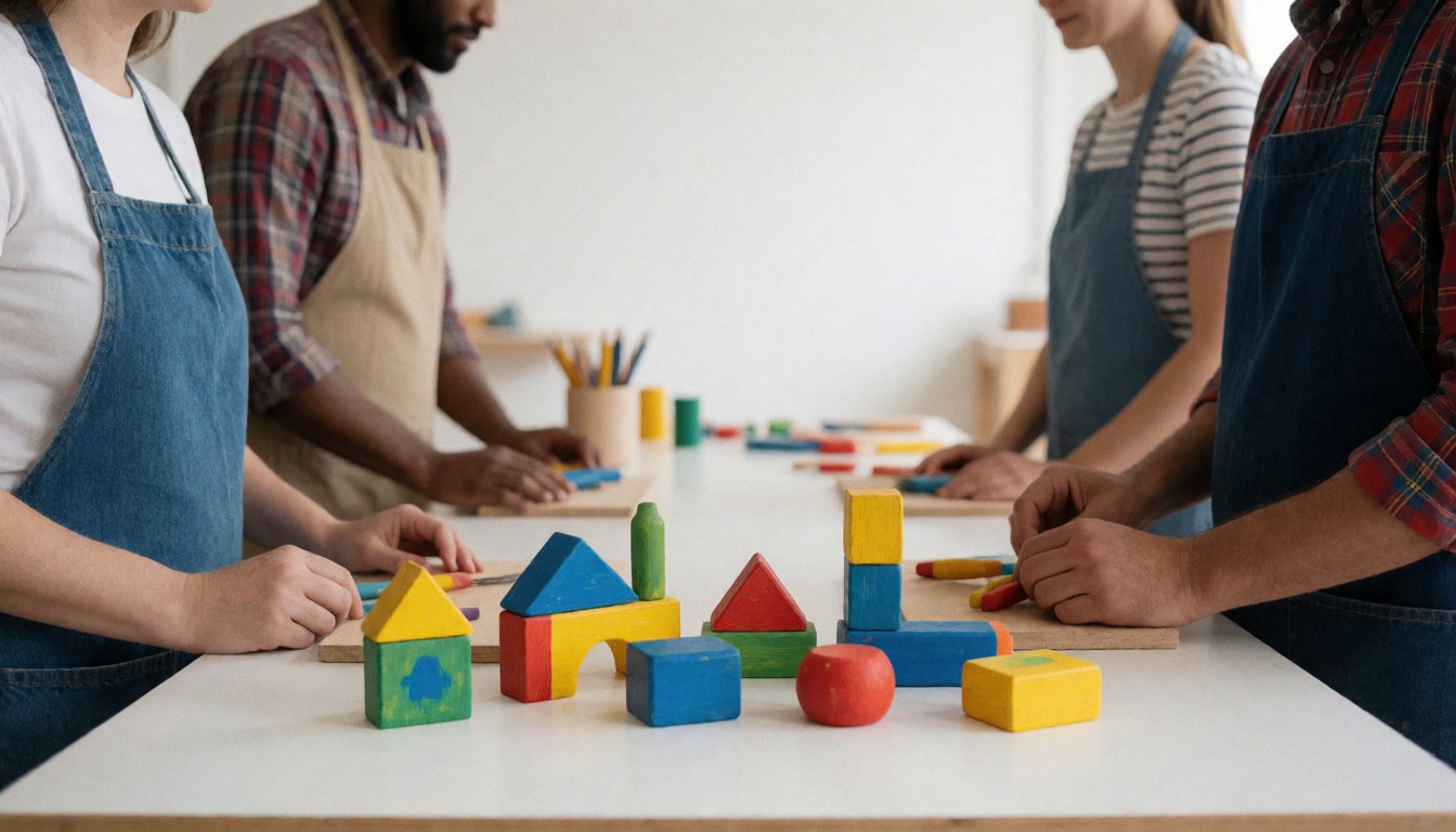 Hands painting wooden blocks in a workshop with white walls and bright daylight, ideal for a toy store.