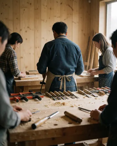 Carpenter arranging chisels and clamps in a wood workshop with natural light and sawdust