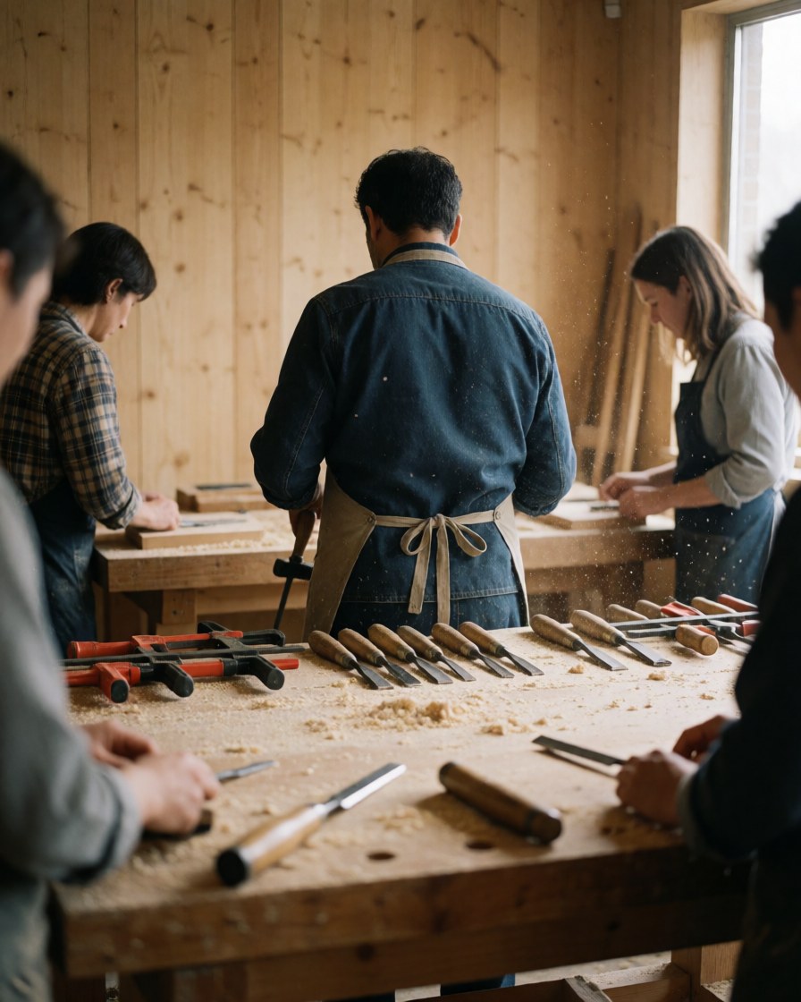 Carpenter arranging chisels and clamps in a wood workshop with natural light and sawdust