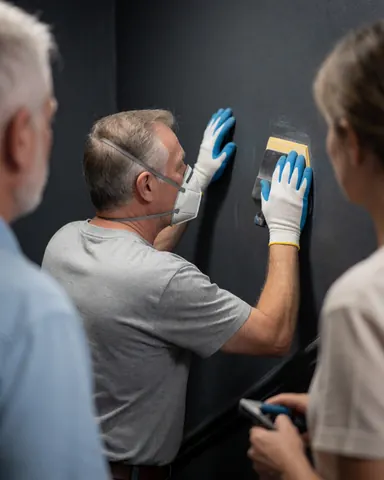 A man wearing a mask and gloves sands a dark wall while two people observe the repair work in a commercial space.