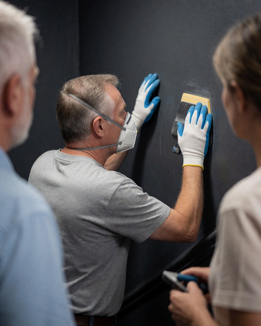 A man wearing a mask and gloves sands a dark wall while two people observe the repair work in a commercial space.