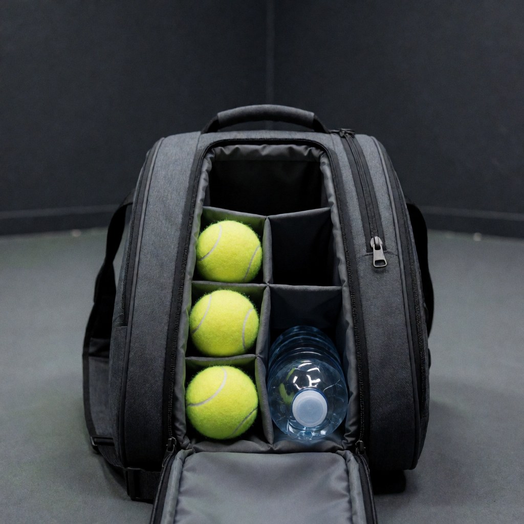 Open tennis bag containing three yellow balls and a water bottle on a gray court surface, ideal for tennis instructors.