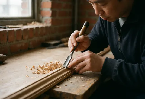Close-up of a hand using a chisel to smooth the edge of a piece of wood in a workshop setting with natural light